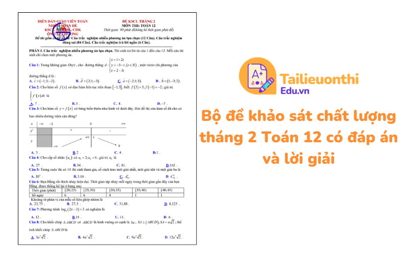 Bộ đề khảo sát chất lượng tháng 2 Toán 12 có đáp án và lời giải